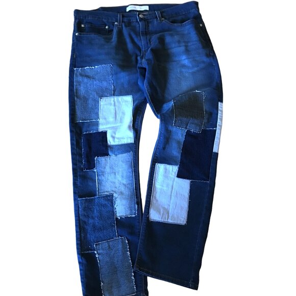 Men’s Patchwork Jeans, Size 36-30: Upcycled Distressed Denim on Denim Patches - Picture 1 of 10